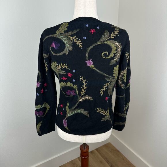 Talbots Sweater Size Small Black Floral Embroidery Grandma Artsy Full Zip - Picture 5 of 14